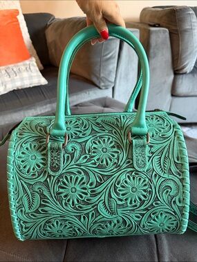 Hand-Tooled Floral Leather Satchel - Teal/Turquoise